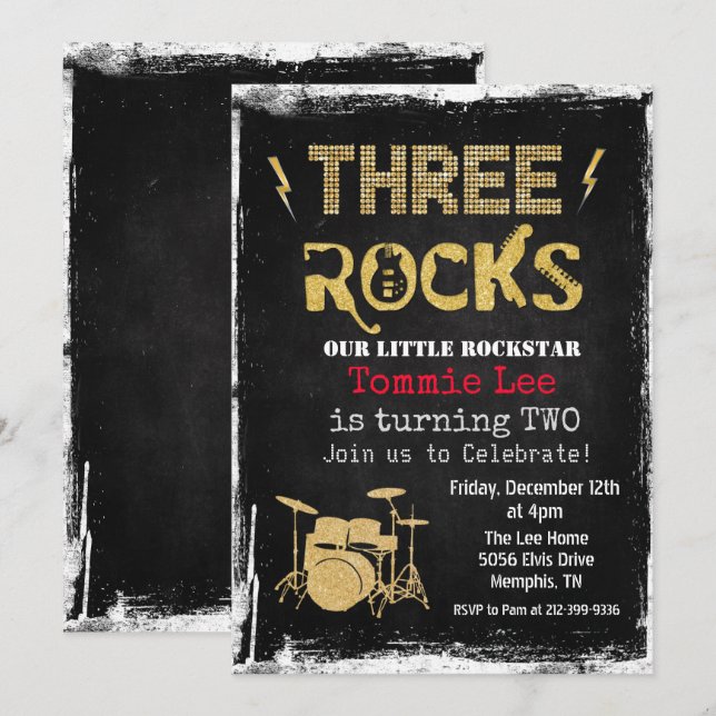 Convite Conjunto de bateria Three Rocks Rockstar 3º Aniver (Frente/Verso)
