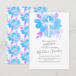 Convite Conjunto de Batismo Floral Aquarela Cruz Azul