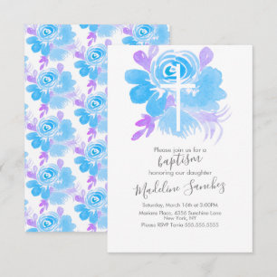 Convite Conjunto de Batismo Floral Aquarela Cruz Azul