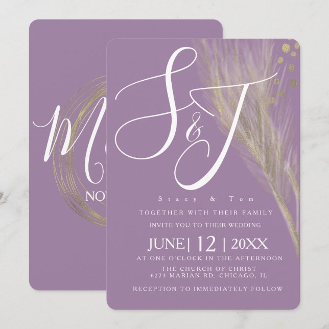 Convite Conjunto de Casamento Pampas Violeta Dourado com F (Frente/Verso)