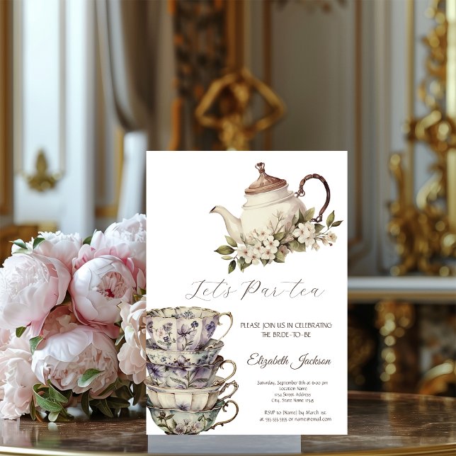 Convite Conjunto de Chá Xícara Bule de Chá Flores Dourado  (Criador carregado)