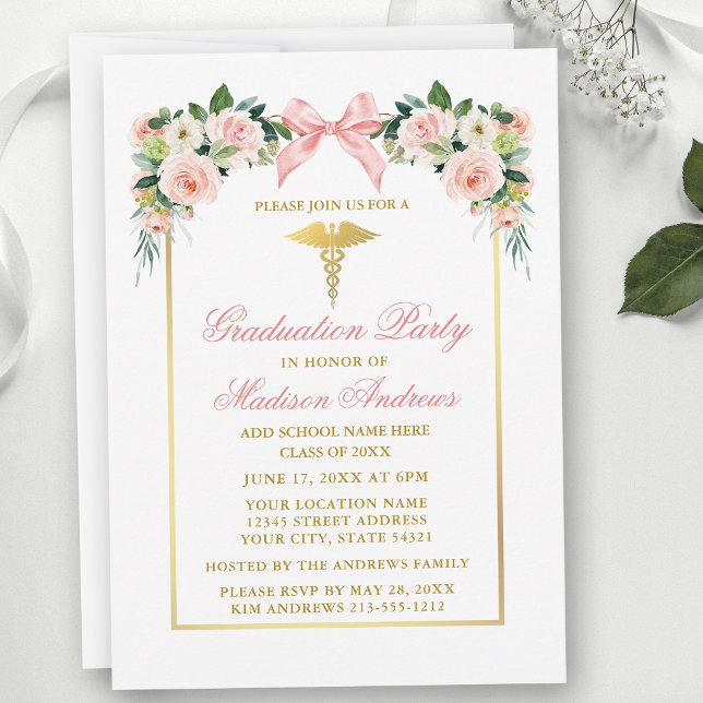 Convite Conjunto de festa de formatura médica com laço ros (Customize to change text color, text style or to add text to back of card.)