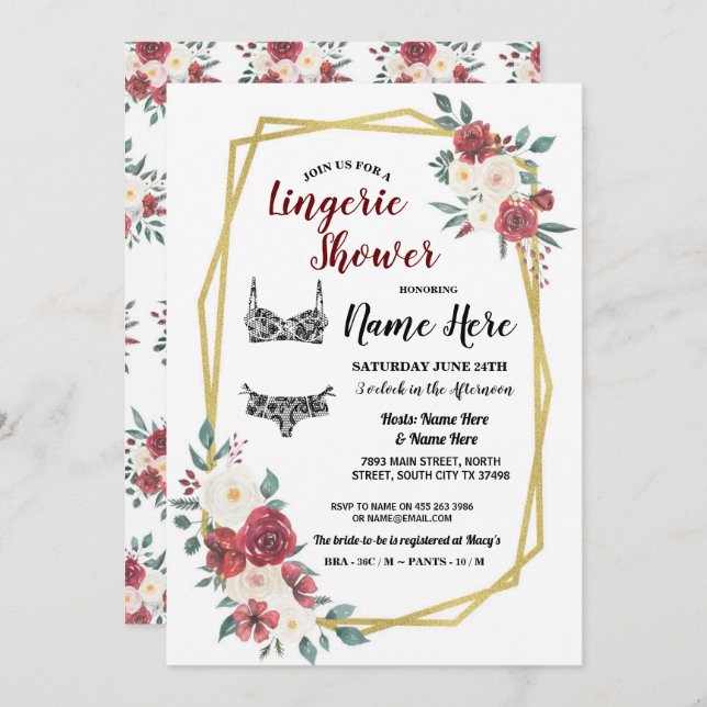 Convite Conjunto de lingerie em água Gold Floral Vermelho  (Frente/Verso)