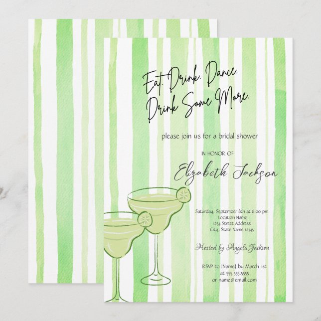 Convite Conjunto de Martini de Aquarela com Listras Verdes (Frente/Verso)