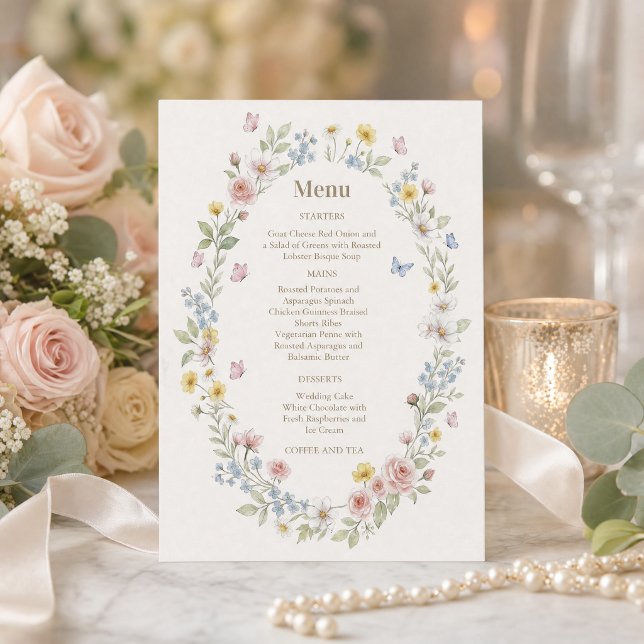 Convite Conjunto de Menu de Casamento Floral em Aquarela (#weddingmenuinvitation #weddinginvitation #wildflowermenu#wildflowerspring #weddingsummer#softpastel)
