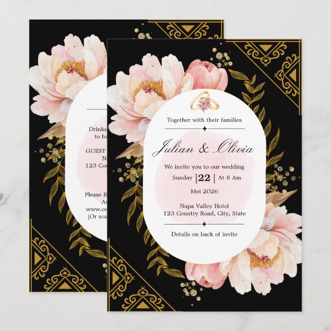 Convite Conjunto de Noiva Floral com Gradiente Pastel Mode (Frente/Verso)