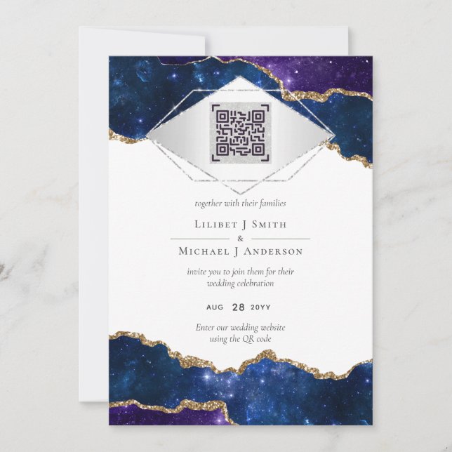 Convite Conjunto de NOIVA Modern Agate Blue com QR Code (Frente)