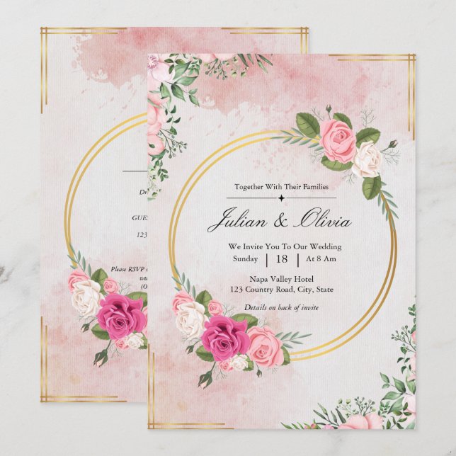 Convite Conjunto de Noiva Rosa Água-Forte Casamento (Frente/Verso)