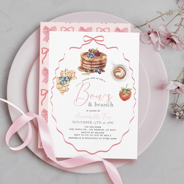 Convite Conjunto de Panqueca Waffle com Laços Rosa para Ch (Criador carregado)