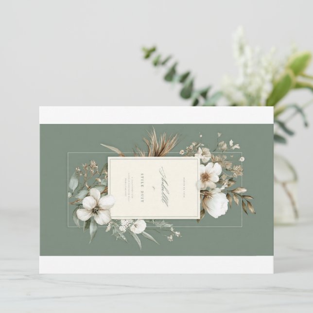 Convite Conjunto de papelaria de casamento floral em verde (Em pé/Frente)
