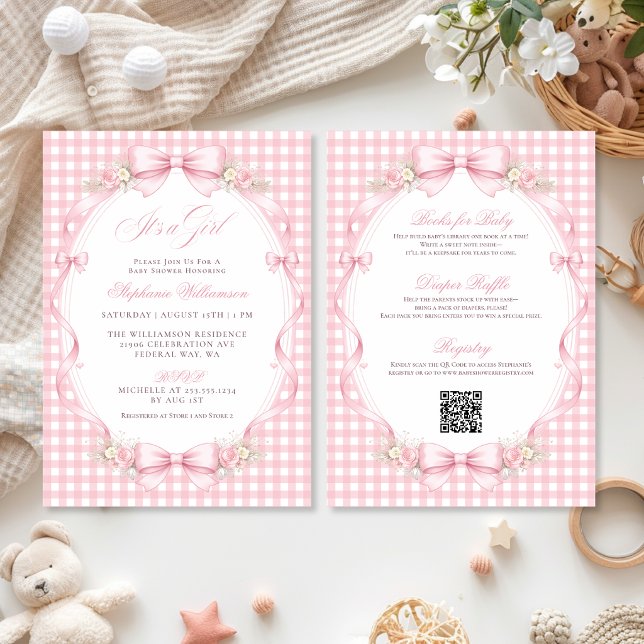 Convite Conjunto Rosa Xadrez com Laço Charmoso para Chá de (Pink Gingham Coquette Bow All-in-One Baby Shower Invitation)
