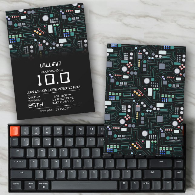 Convite Conselho de circuito de computador, crianças, Fest (Computer Circuit Board Kids Robotic Birthday Party Invitation)