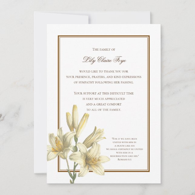 Convite Considere o Encantamento dos Lírios Obrigado Nota (Frente)