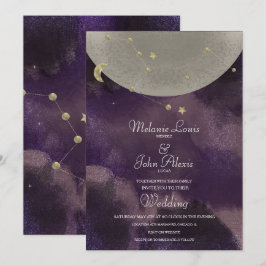 Convite Constelação da Lua Dourado Roxo Casamento Celestia
