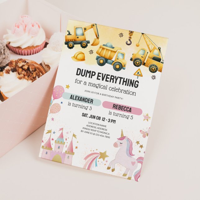 Convite Construção Conjunta & Aniversário de Irmãos Unicór (Joint Kids Birthday Party Invitation - Dump Trucks & Unicorns)
