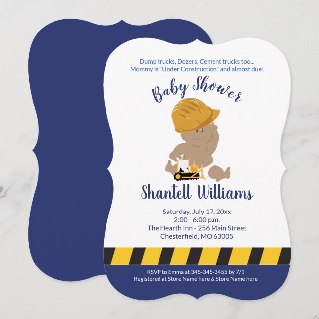 Convite Construção de Chá de fraldas de pele escura (Frente/Verso)