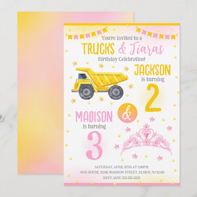 Convite Construção e Irmãos da Princesa Fazendo Aniversári (Frente/Verso)