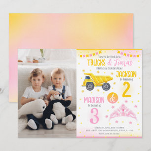 Convite Construção e Irmãos da Princesa Siblings Aniversár