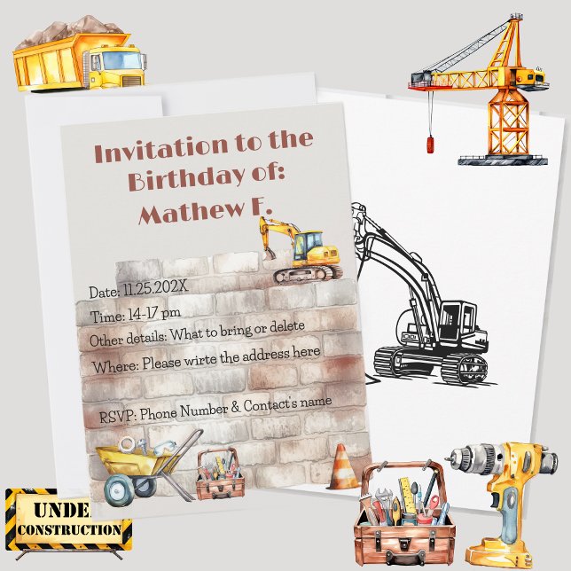 Convite Construção em Aquarela Tema Terroso de Aniversário (Watercolor Construction themed birthday invitation, personalized & custom. Multilingual Project)