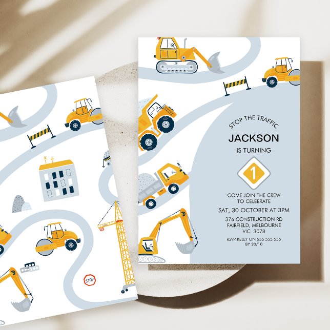 Convite Construção Moderna Pára O primeiro aniversario De  (Modern Boys Construction 1st Birthday Invitation, Stop the Traffic 1st Birthday Invitation, Grey)