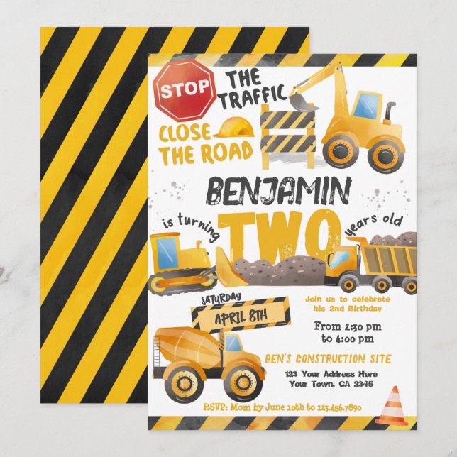 Convite Construção, segundo aniversário de caminhão (Frente/Verso)