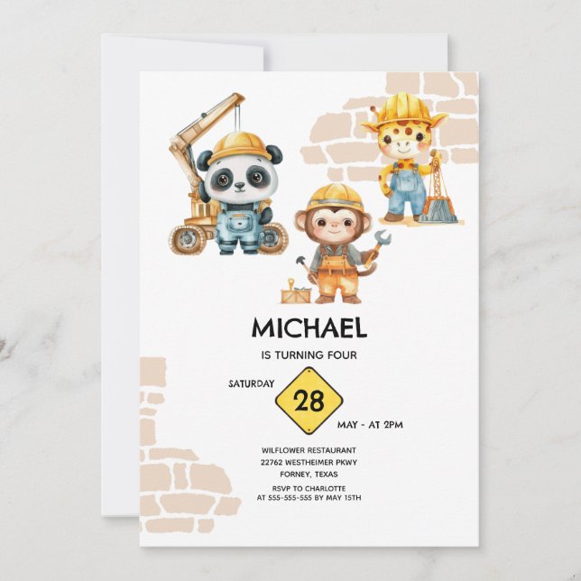 Convite Construções de Animais em Aquarela Qualquer Ano (Frente)