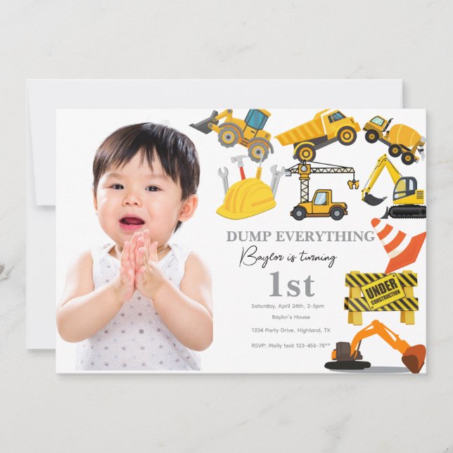 Convite Construction 1st Birthday Invitation | Truck (Frente)