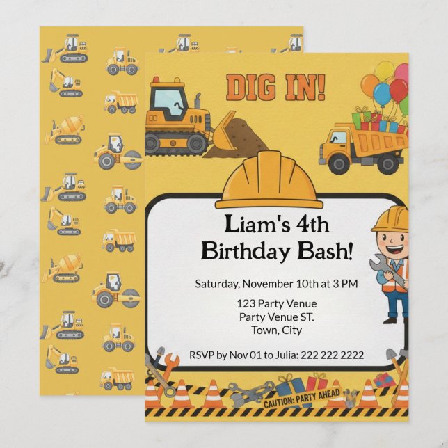 Convite Construction 4th Birthday Invitation | Boy Truck  (Frente/Verso)