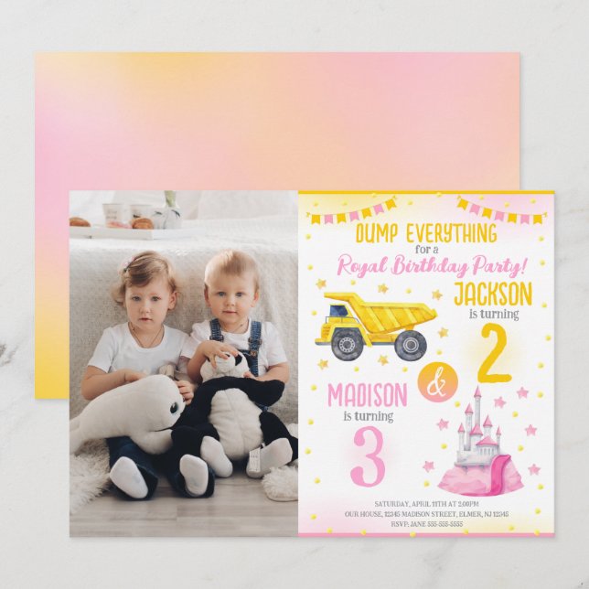 Convite Construction and Princess  Siblings Joint Birthday (Frente/Verso)