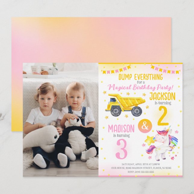 Convite Construction and Unicorn Siblings Joint Birthday (Frente/Verso)