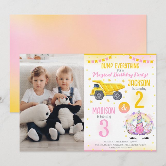 Convite Construction and Unicorn Siblings Joint Birthday (Frente/Verso)