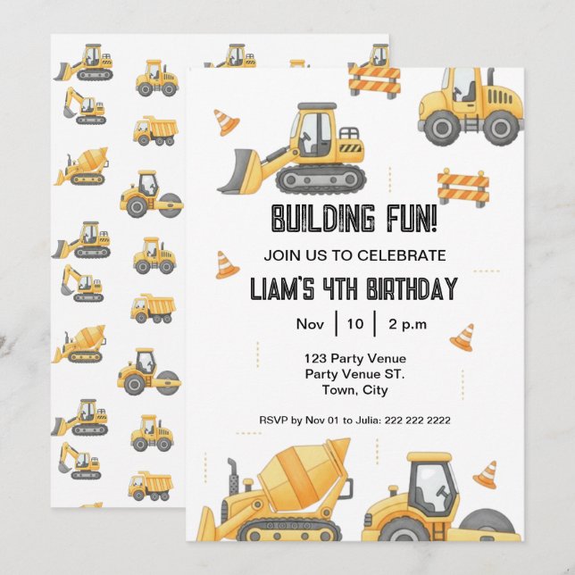 Convite Construction Birthday – Boy's 1st Party Invitation (Frente/Verso)