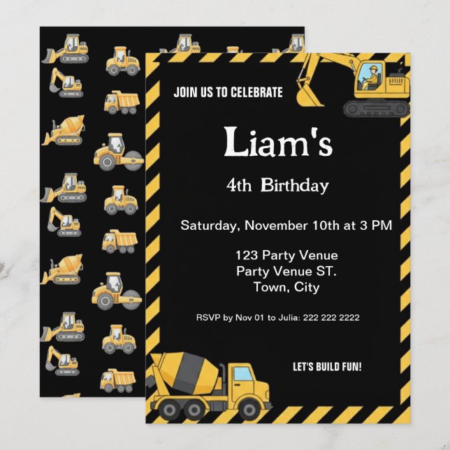 Convite Construction Birthday Invitation |Boy Truck Party  (Frente/Verso)