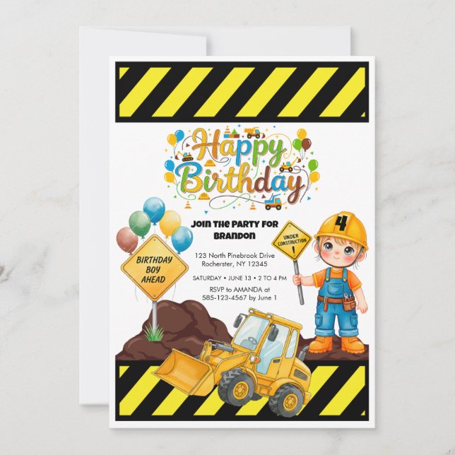 Convite Construction Birthday Theme Party Invitation (Frente)