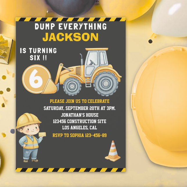 Convite Construction Birthday Turning Six Boy (Criador carregado)