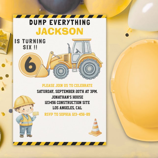 Convite Construction Birthday Turning Six Boy Yellow (Criador carregado)