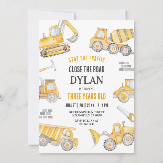 Convite Construction Boy Birthday Invitation (Frente)