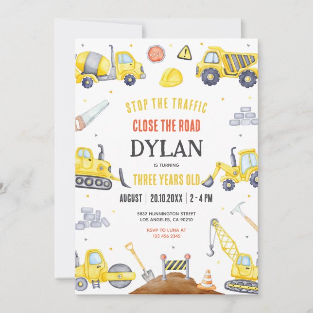 Convite Construction Boy Birthday Invitation (Frente)