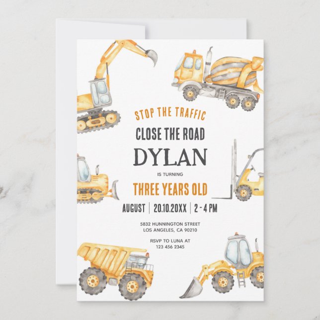 Convite Construction Boy Birthday Invitation (Frente)