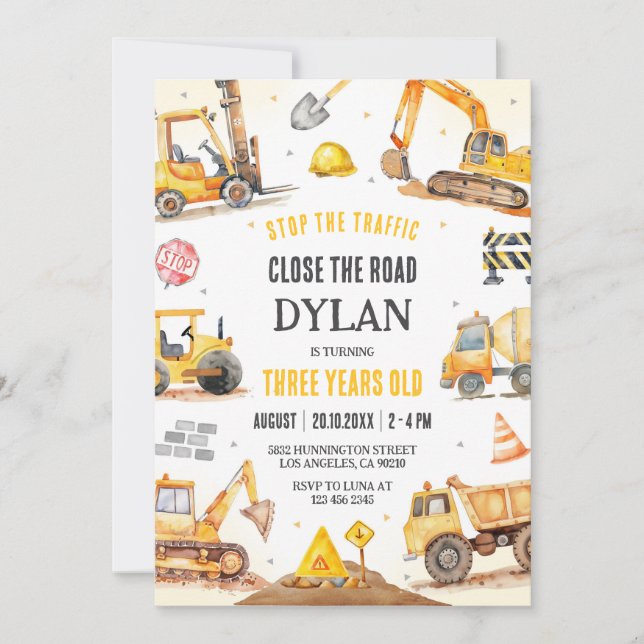 Convite Construction Boy Birthday Invitation (Frente)