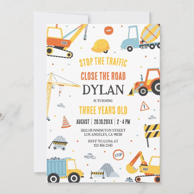 Convite Construction Boy Birthday Invitation (Frente)