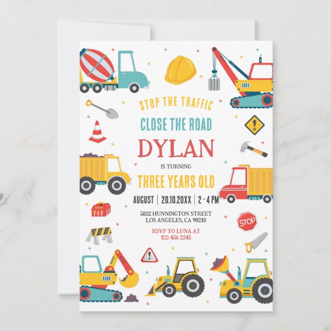 Convite Construction Boy Birthday Invitation (Frente)