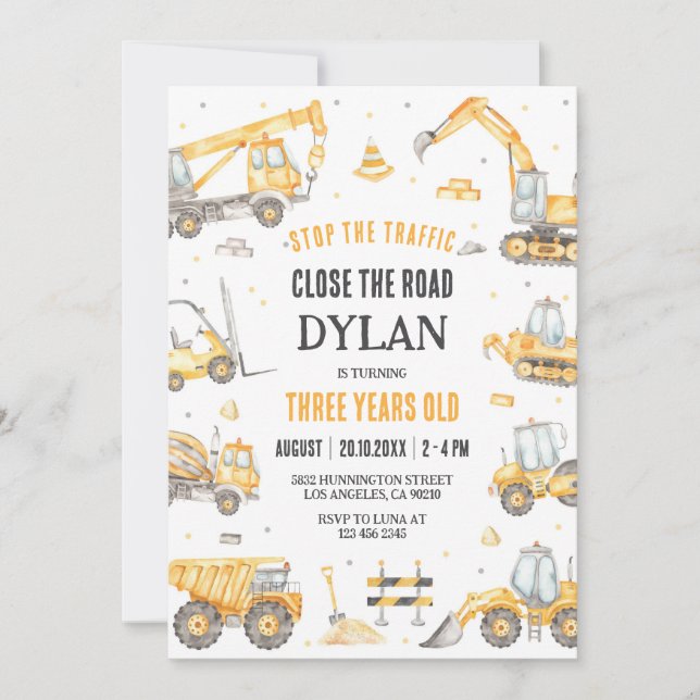 Convite Construction Boy Birthday Invitation (Frente)