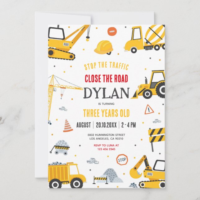 Convite Construction Boy Birthday Invitation (Frente)