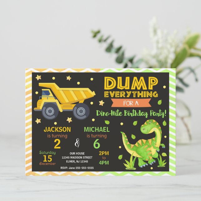Convite Construction & Dinosaur Joint Birthday Invitation (Em pé/Frente)
