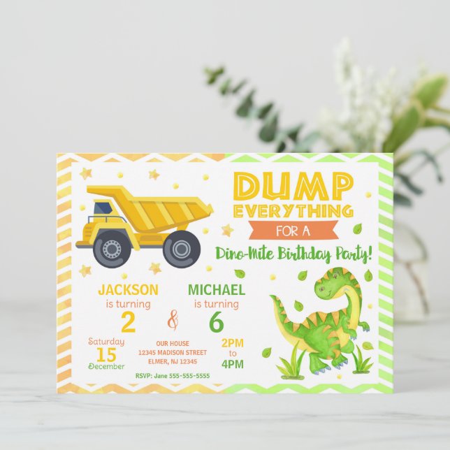 Convite Construction & Dinosaur Joint Birthday Invitation (Em pé/Frente)