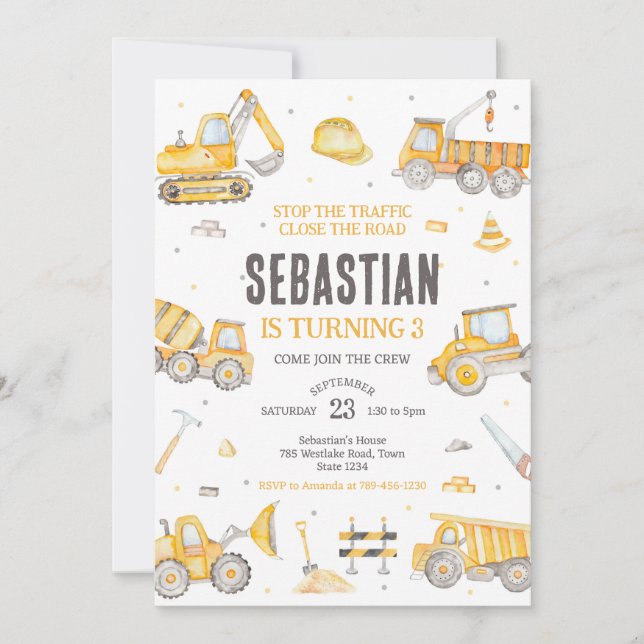 Convite Construction Dump Truck Excavator Boy Birthday (Frente)