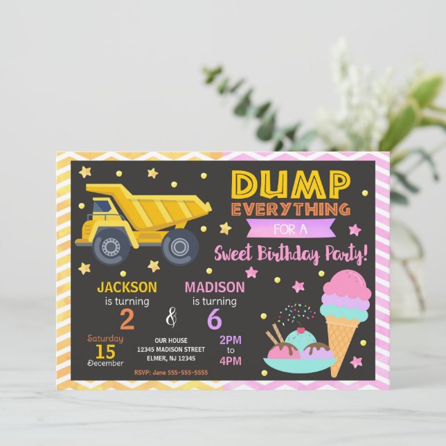 Convite Construction & Ice Cream Joint Birthday Invitation (Em pé/Frente)