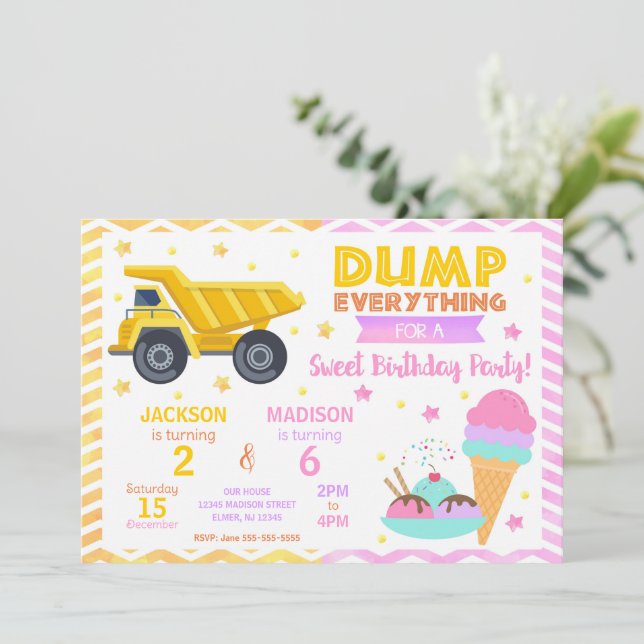 Convite Construction & Ice Cream Joint Birthday Invitation (Em pé/Frente)