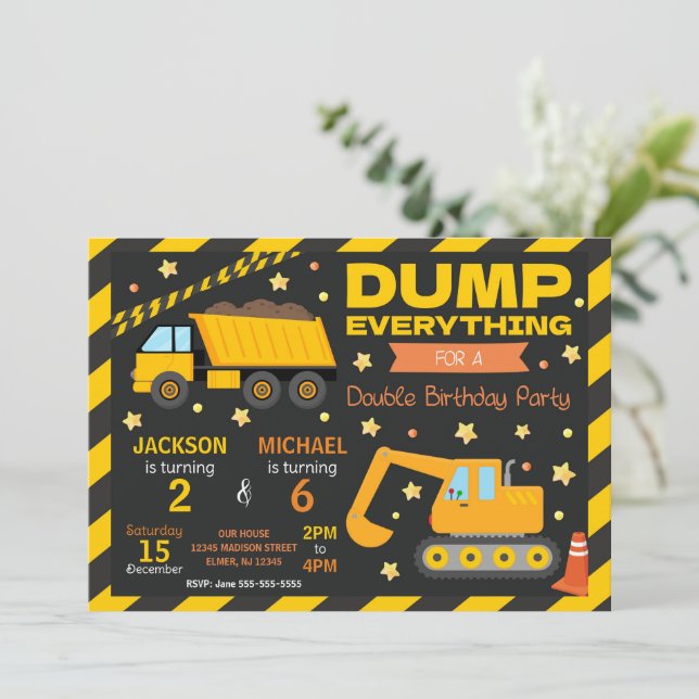 Convite Construction Joint Birthday Invitation Siblings (Em pé/Frente)